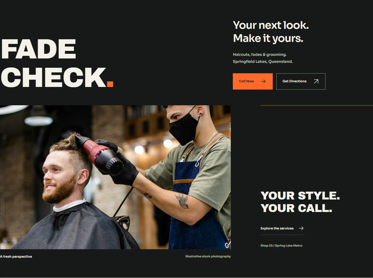 Actual deployed Fade Check Barbershop independent concept website